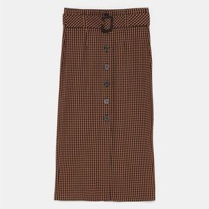 Zara midi skirt brown and black shepard’s check with belt